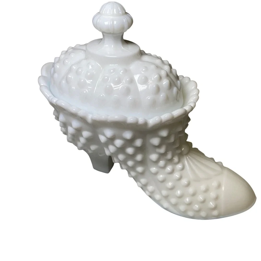 Vintage Fenton White Milk Glass Hobnail Shoe Slipper Covered Trinket Dish Candy